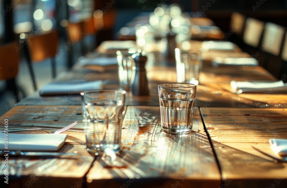 Photography of a long wooden table with empty glasses and napkins Photography of a long wooden table with empty glasses and napkins