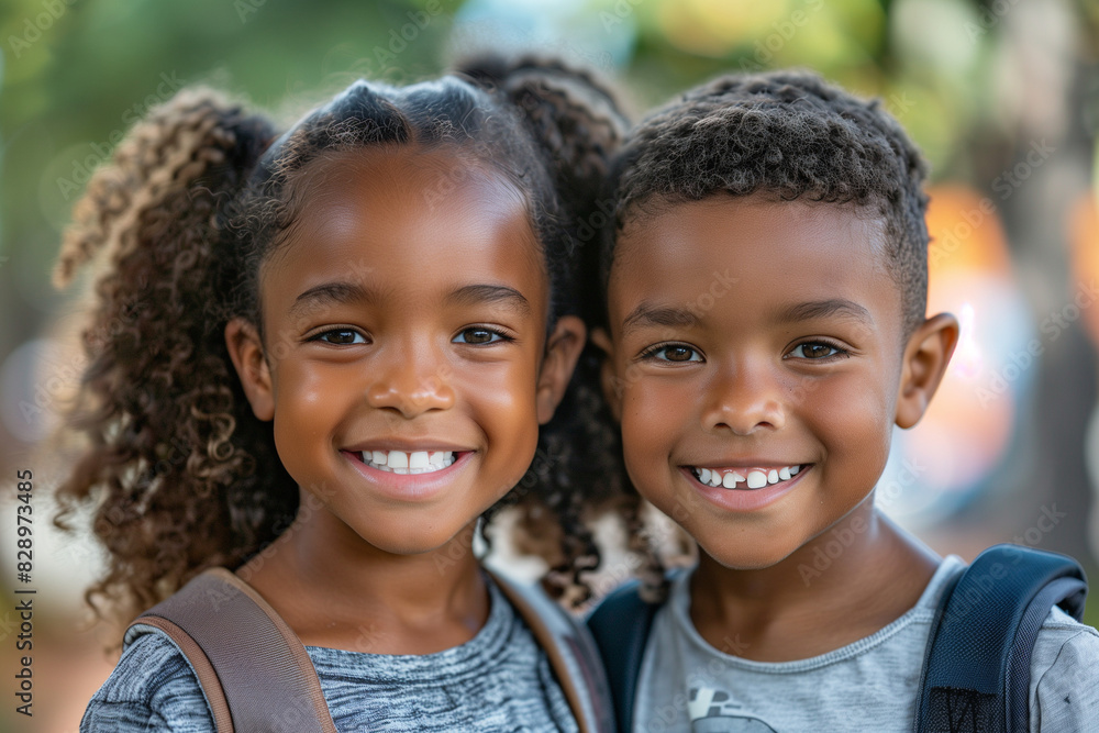 Happy Black Siblings With Backpacks Ready for Back to School or Hike Happy Black Siblings With Backpacks Ready for Back to School or Hike