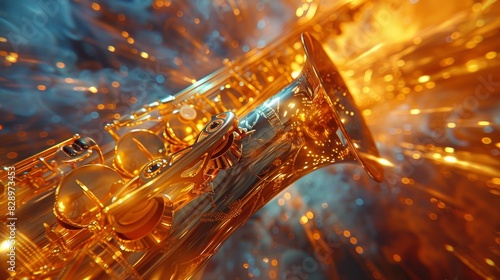 A close-up image showcasing the intricate details of a saxophone bathed in warm golden light