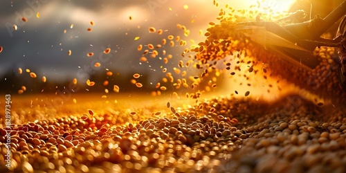 Soybeans being harvested and falling from tractor in a sunny field: Detailed image. Concept Agricultural Photography, Harvesting Soybeans, Farming Equipment, Sunlit Fields, Rural Lifestyle