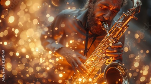 The hands of a musician holding a saxophone are visible, with a dreamy bokeh background enhancing the scene