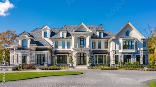 Exterior of new luxury home on bright sunny day with blue sky