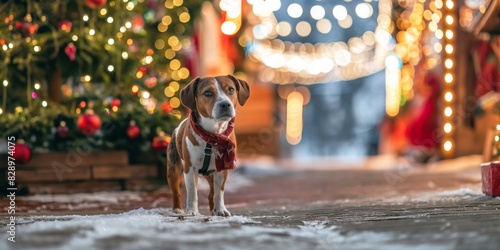 Adorable dog wearing a festive scarf stands amidst a Christmas market with blurred lights photo