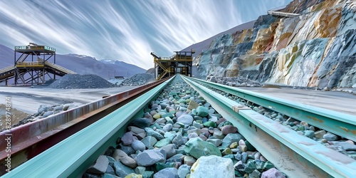 Mining Plant with Conveyor Belt and Ore Rocks in Focus. Concept Industrial Machinery, Conveyor Systems, Mining Operations, Ore Processing, Equipment Maintenance photo