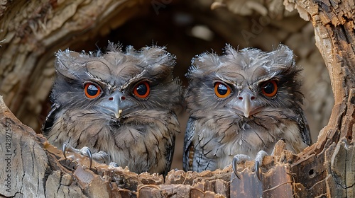 pair of young Tawny Frogmouths Podargus strigoides with mottled gray and brown feathers native to Australia Oceania photo