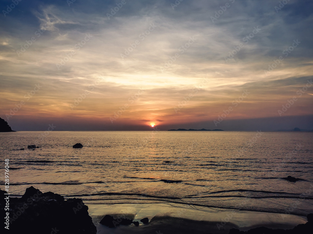 Sunset landscape of Stone Arch (Rock Transformation)in Libong island,located in Trang city of Thailand