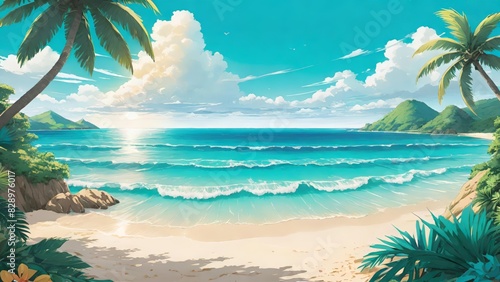 Tropical beach, Ocean waves, Palm trees, Sandy shore © CreativeVirginia