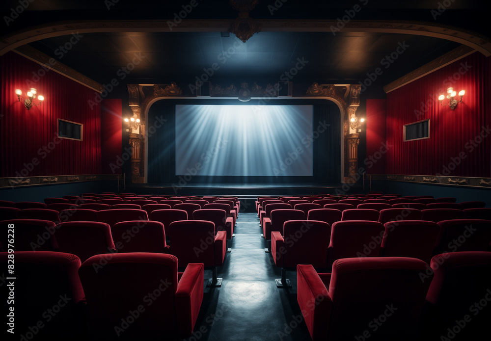 Fototapeta premium kino, theater, auditorium, diele, bildschirm, stühle, sitzreihen, blur, red, blue, blau, rot, samt, alt, antik, früher, cinema, theater, aufführung, stück, film, theater, innenausstattung, stuhl, film