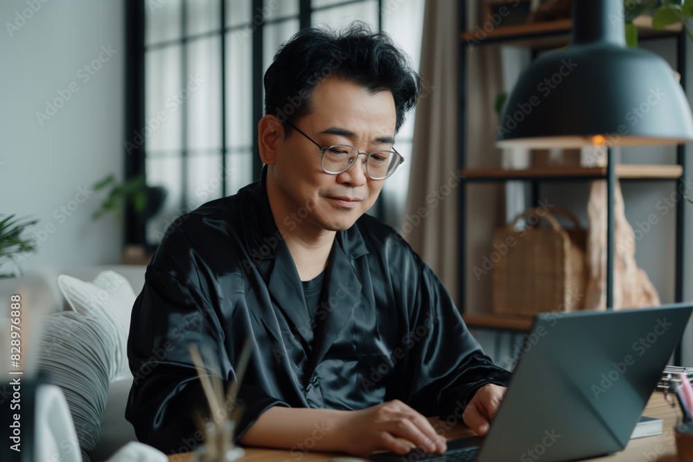 Fototapeta premium Man in black pajamas working on a laptop at a table, focused and serious