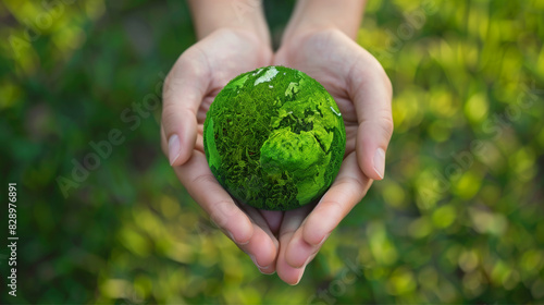 Hands holding a green small planet, symbolic eco gesture for environmental protection, human responsibility for nature conservation, Earth care and sustainable development