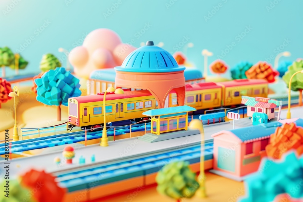 Fototapeta premium 3d illustration of a train station surrounded by trees bokeh style background