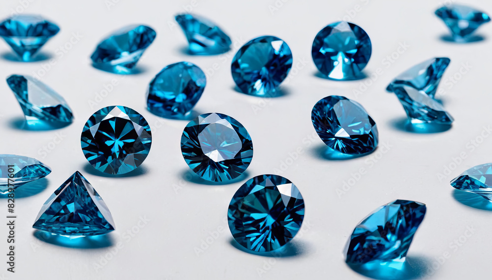 Blue diamonds arranged neatly in a group on top of a table Blue diamonds arranged neatly in a group on top of a table