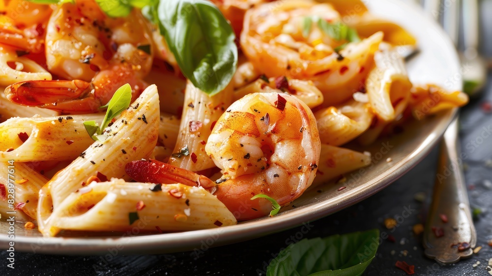 Close up of Penne Pasta with Prawns or Shrimp Close up of Penne Pasta with Prawns or Shrimp