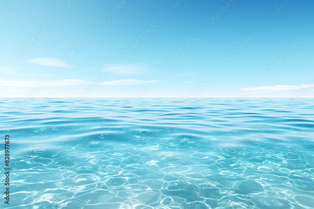 A serene view of the calm turquoise ocean water under a clear blue sky, perfect for depicting tranquility and natural beauty. A serene view of the calm turquoise ocean water under a clear blue sky, perfect for depicting tranquility and natural beauty.