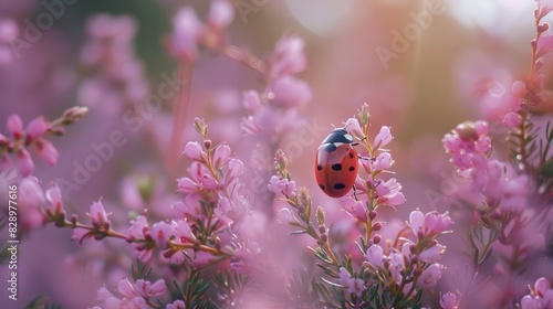A ladybird explores heather blossoms in search of nourishment