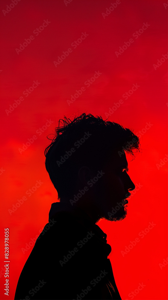 portrait of contrast, profile silhouette of a man, vibrant hot red backdrop portrait of contrast, profile silhouette of a man, vibrant hot red backdrop