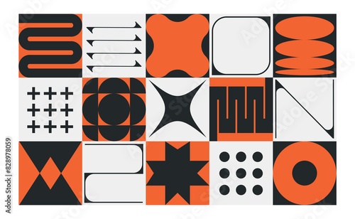  Set of neomodern geometric shapes. Brutalism, futuristic, memphis pattern ackground. Collection of black brutalism, geometric abstract shapes. Modern design for cards, invitation, branding, banner