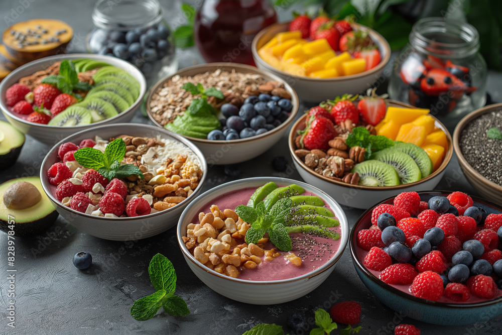 A colorful vegan breakfast spread featuring smoothie bowls topped with fresh fruit, granola, and nuts, alongside avocado toast, freshly squeezed juices, and a selection of herbal t A colorful vegan breakfast spread featuring smoothie bowls topped with fresh fruit, granola, and nuts, alongside avocado toast, freshly squeezed juices, and a selection of herbal t