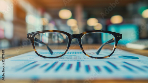 Eyeglasses on financial report. Close-up of eyeglasses on a financial report, concept for business analysis, investment, and financial planning. © Lull