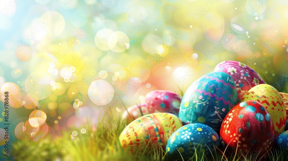 Colorful Easter Eggs on a Bright Spring Background Joyful Easter Colorful Easter Eggs on a Bright Spring Background Joyful Easter