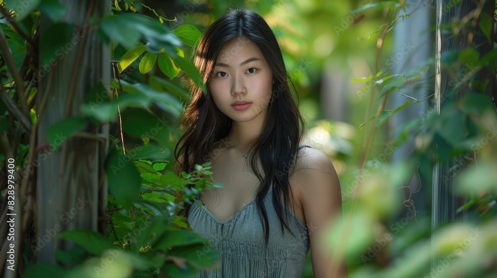 Asian girl wearing a gray sleeveless dress posing in a green garden Asian girl wearing a gray sleeveless dress posing in a green garden