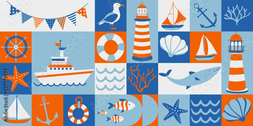 Nautical Adventure geometric Pattern with Sea and Sailing Icons. Vector flat design for poster, card, wallpaper, poster, banner, packaging.