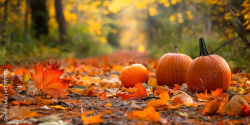 Vibrant autumn setup with pumpkins among colorful fallen leaves on a forest floor
