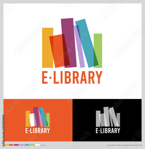 E-Library or online bookstore. Digital Library icon. Elements of transparency, like colored books on a shelf. Identity
