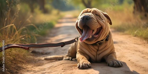 Eager Shar Pei Dog Awaits Walk with Taut Leash and Hopeful Gaze. Concept Pet Photography, Dog Portraits, Shar Pei Breed, Leash Training, Animal Expressions photo
