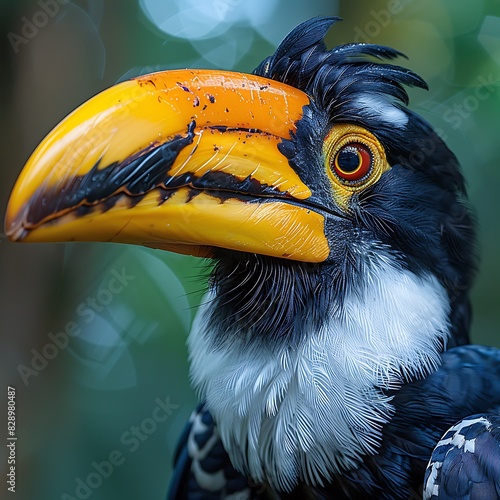 adult female Great Hornbill Buceros bicornis with black and white plumage and large yellow bill native to Thailand Asia photo