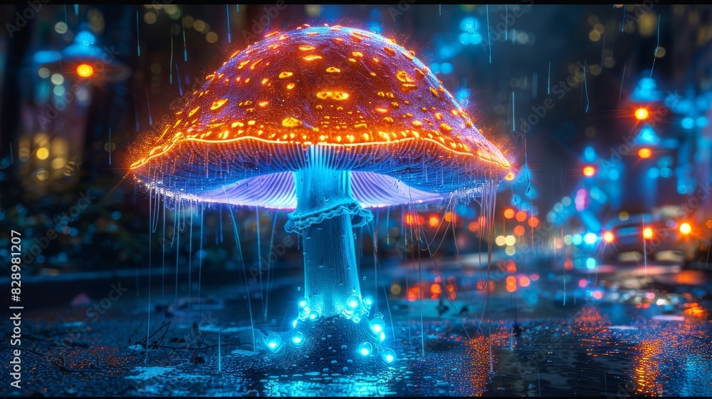 An artistic depiction of a mushroom with neon lighting against a city backdrop in the rain