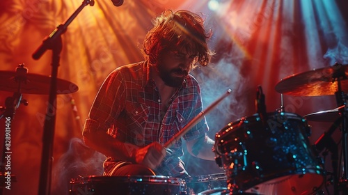 A passionate musician playing drums intensely with blurred motion on stage under vibrant concert lighting