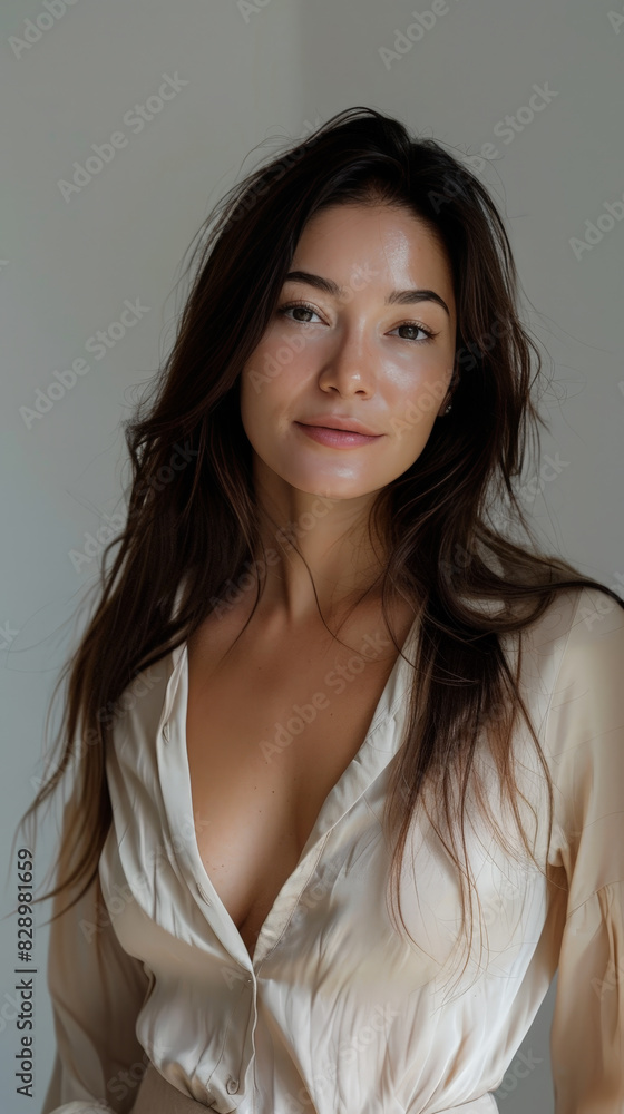 Digital influencer woman posing a portrait on social media, with soft and natural makeup Digital influencer woman posing a portrait on social media, with soft and natural makeup
