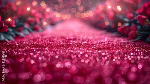 A romantic and dreamy background featuring a glittery pink surface with softly focused bokeh lights
