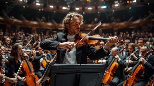 An intense male violinist passionately leading an orchestra, with musicians and their instruments in soft focus