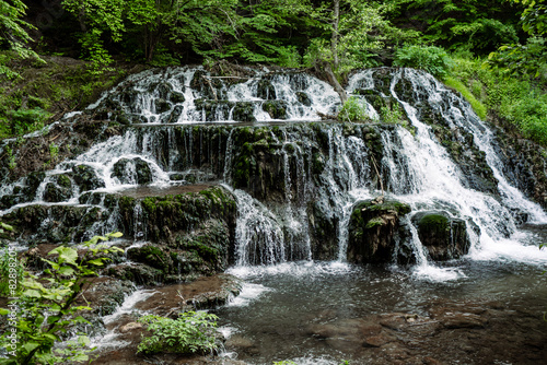 Fototapeta Naklejka Na Ścianę i Meble -  Surrounded by bright green spring foliage and ferns, waterfall in Bulgaria. cascades over the rocks. Front view.