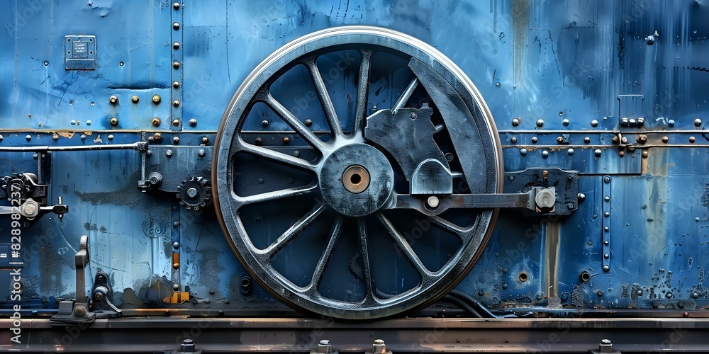 Closeup of large black metal gear wheel on old steam locomotive. Concept Metal Gear, Train Photography, Mechanical Closeup, Industrial Heritage, Steam Locomotive