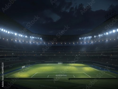Soccer Stadium Radiates Energetic Atmosphere Under Bright Lights, Setting the Stage for an Exciting Match. The illumination highlights the vibrant green pitch. © Iryna