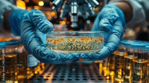 Close-up of gloved hands holding a petri dish against a laboratory backdrop, showcasing bacterial cultures and samples