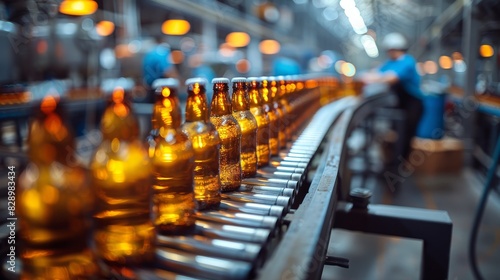 Bottles of beer travel on a conveyor system with blurred worker and machinery background in a manufacturing plant