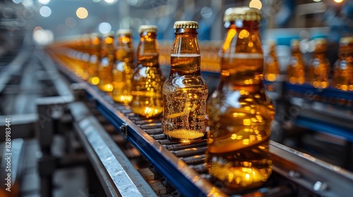 Close-up of glistening beer bottles on a conveyor belt inside a brewery production line