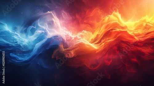 A powerful abstract composition with flowing energetic forms in fiery red and icy blue, depicting contrasting temperatures and movement