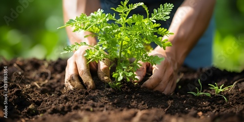 Planting Chamomile in Fertile Soil: A Gardener's Task. Concept Gardening, Chamomile Plant, Fertile Soil, Planting Techniques, Gardening Tips photo