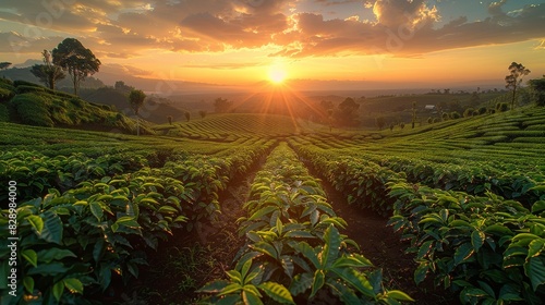 The image captures a breathtaking sunset illuminating a green coffee farm with neat rows and a sense of prosperity