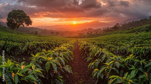 A spectacular sunset over an expansive coffee plantation with rows of lush plants and a vibrant sky