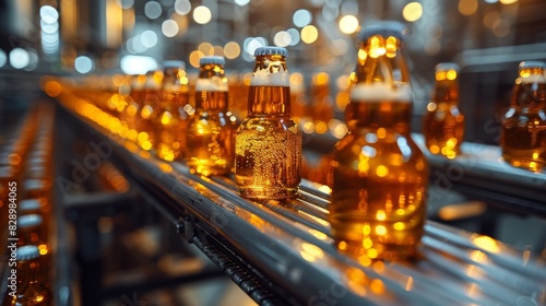 Close up of glass beer bottles on a conveyor belt in a brewery production line gleaming with light