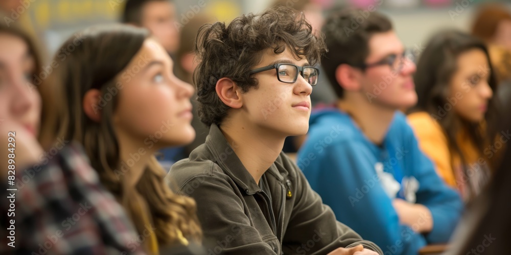 A classroom setting with students facing towards the front, seemingly engaged in a lesson A classroom setting with students facing towards the front, seemingly engaged in a lesson