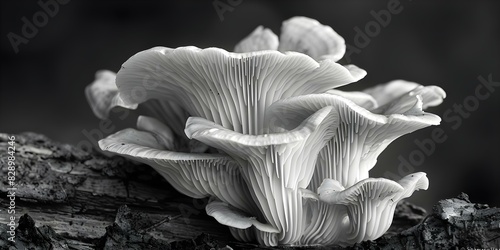 Close-up Shot of Oyster Mushrooms in Black and White on Decaying Log. Concept Food Photography, Black and White, Close-up Shots, Nature, Decay photo