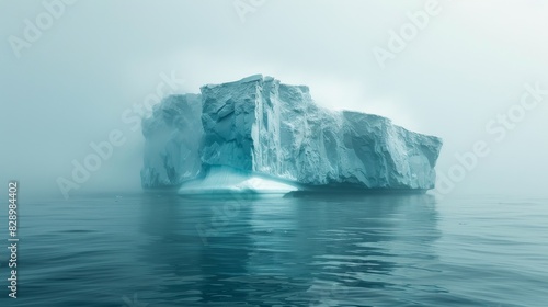 A solitary iceberg stands out in the calm, mist-enveloped sea with a minimalistic aura