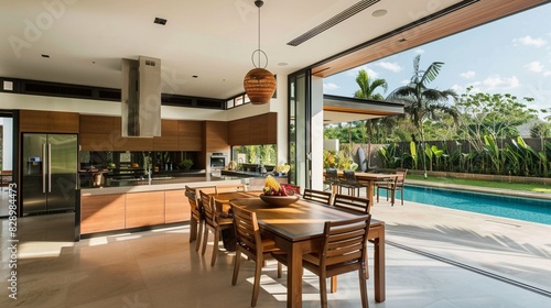 Interior design of a kitchen in a modern house with an open terrace and swimming pool © muhmmad